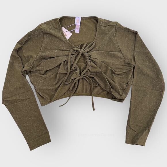 Savage Fenty Sleep & Shing Long Sleeve Crop Tee | Plus Size 2X | Green Glitter - Picture 1 of 6